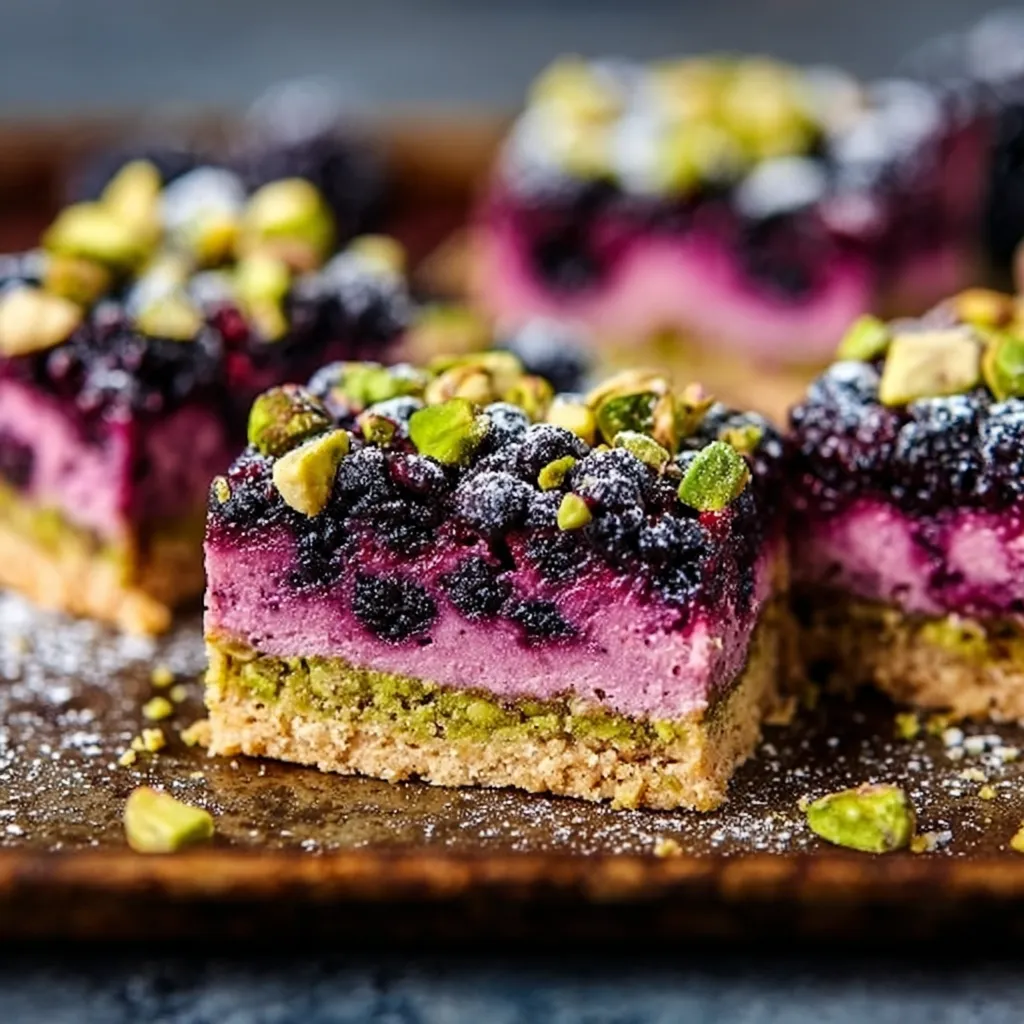 A slice of blueberry cheesecake with almonds on top.