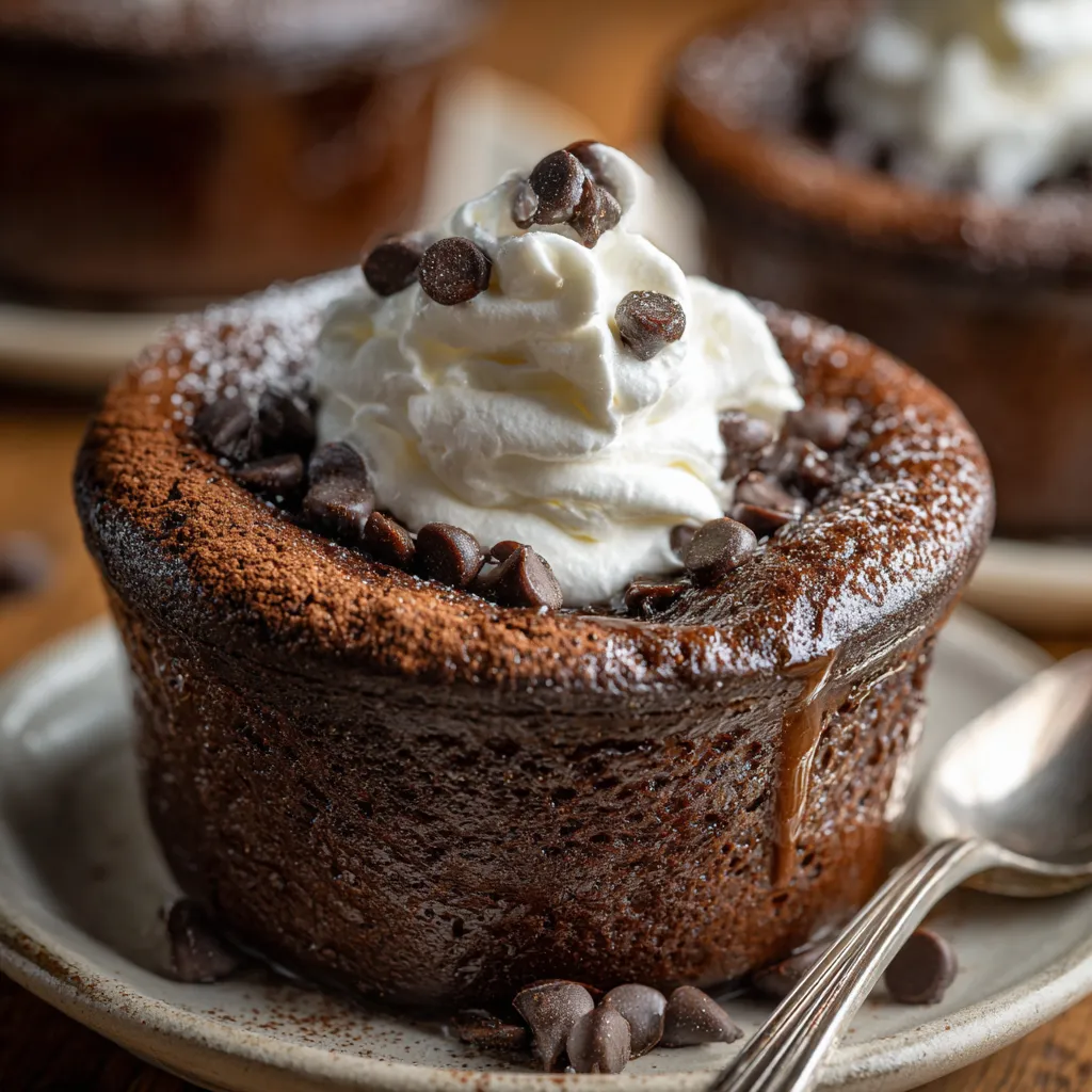 A chocolate dessert with whipped cream on top.