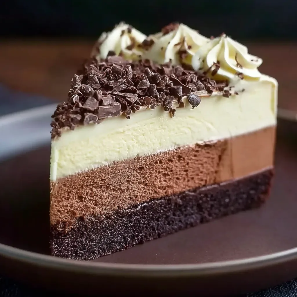 A slice of chocolate and vanilla cake.