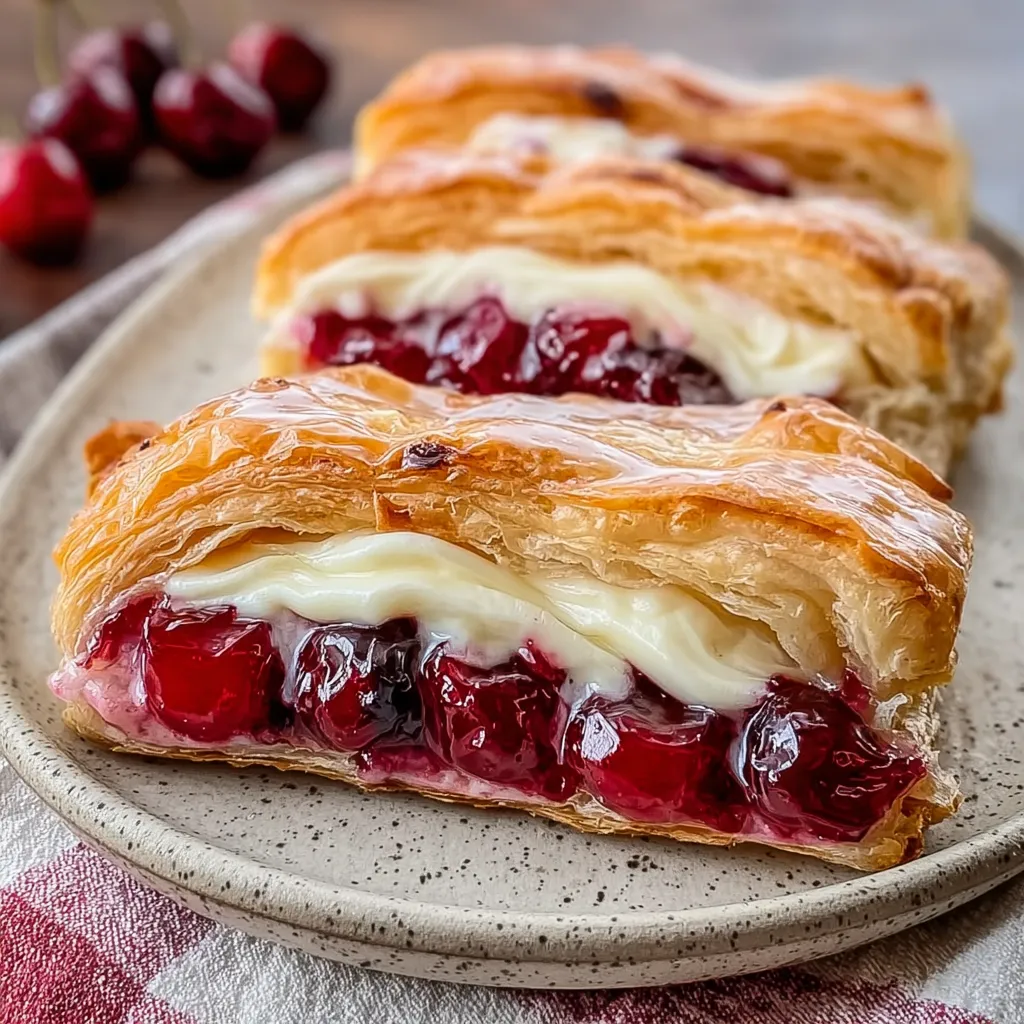 A plate of pastry with cherries on top.