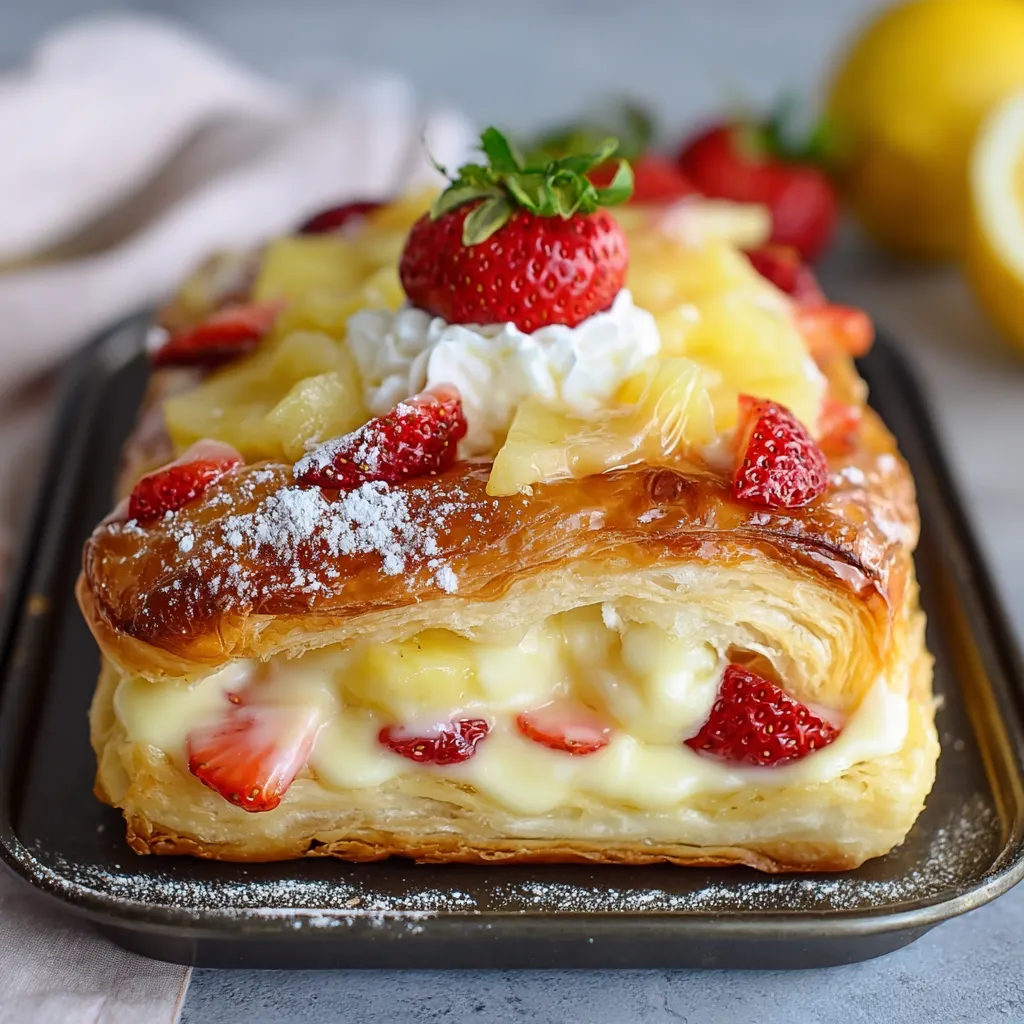 A pastry with strawberries and whipped cream.