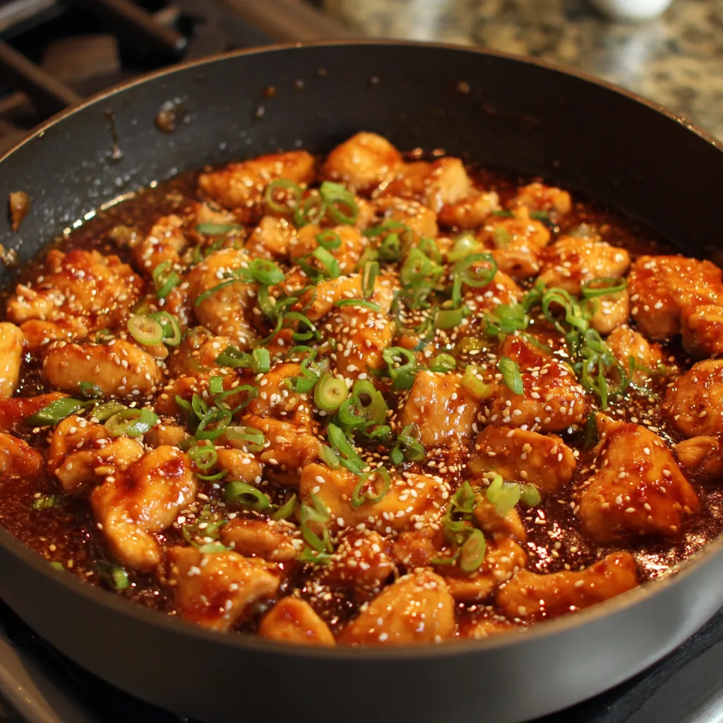 A pan of chicken stir fry with vegetables.