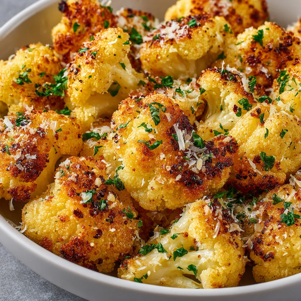 A bowl of cooked cauliflower with cheese and herbs.