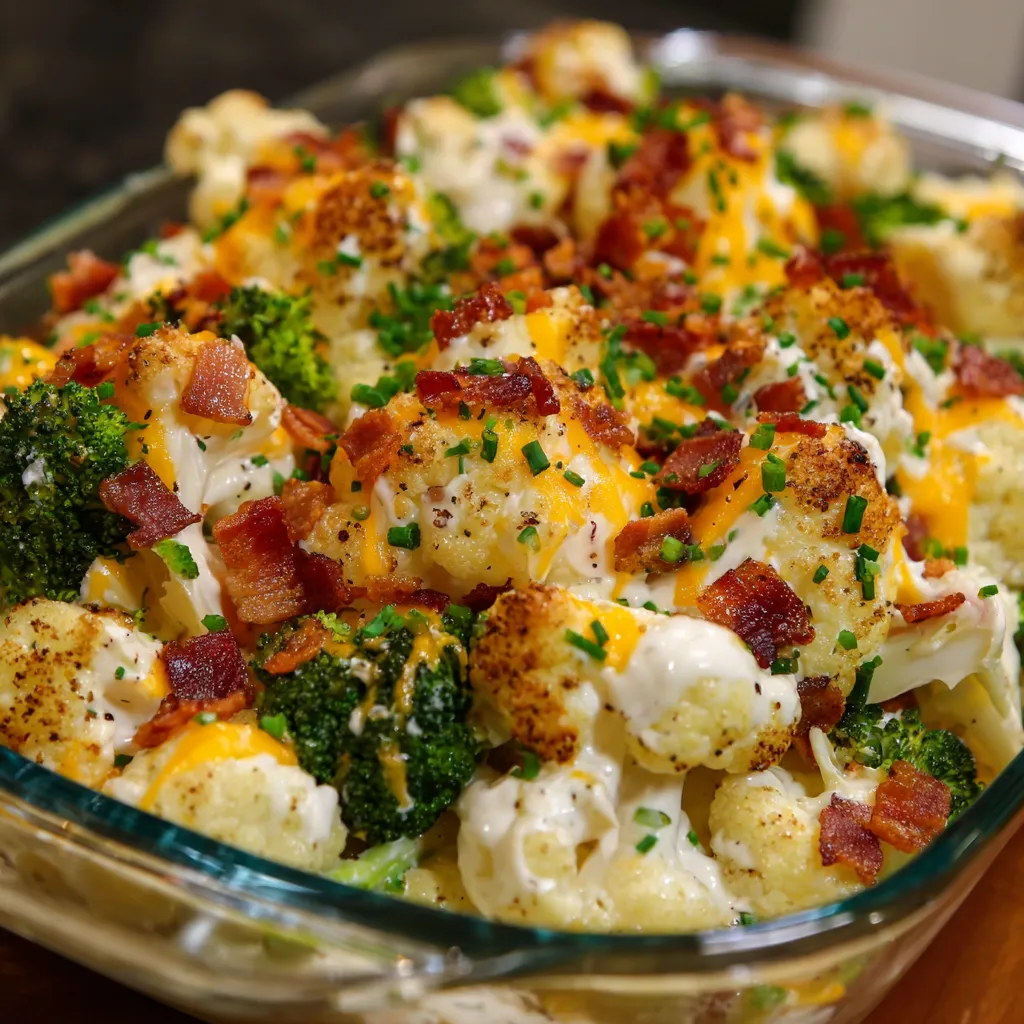 A dish of food with bacon and broccoli.