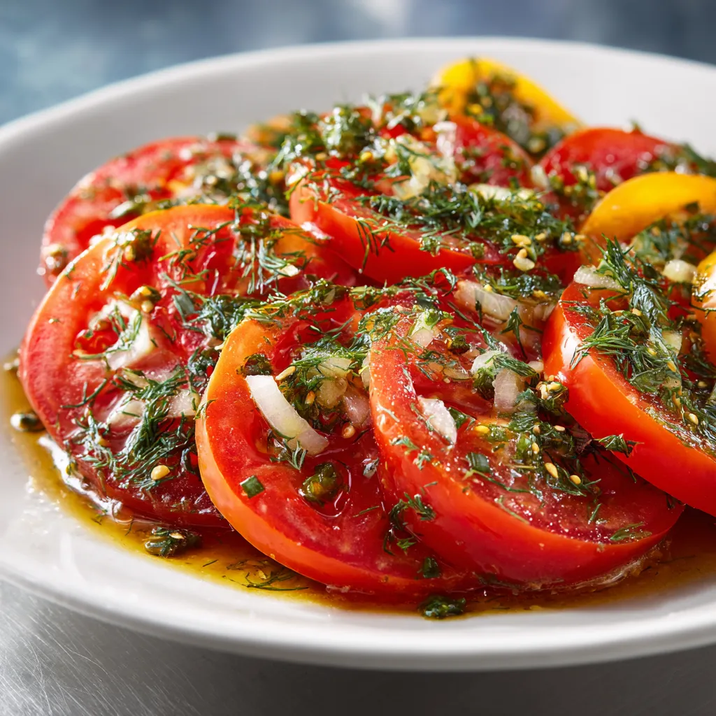 A plate of sliced tomatoes with herbs.