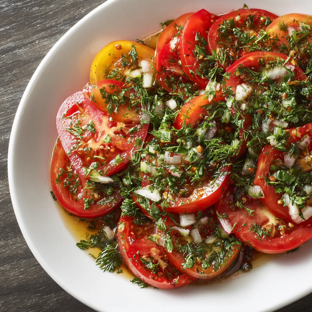 A bowl of sliced tomatoes with herbs.