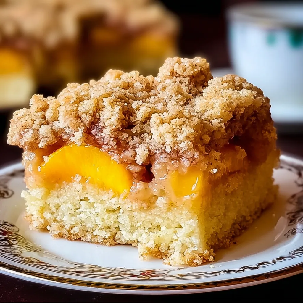 A slice of cake with peaches on top.