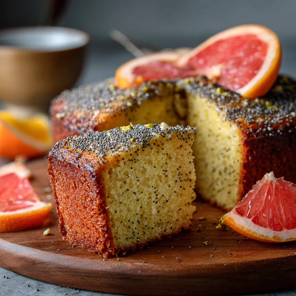 A slice of cake with black seeds on top.