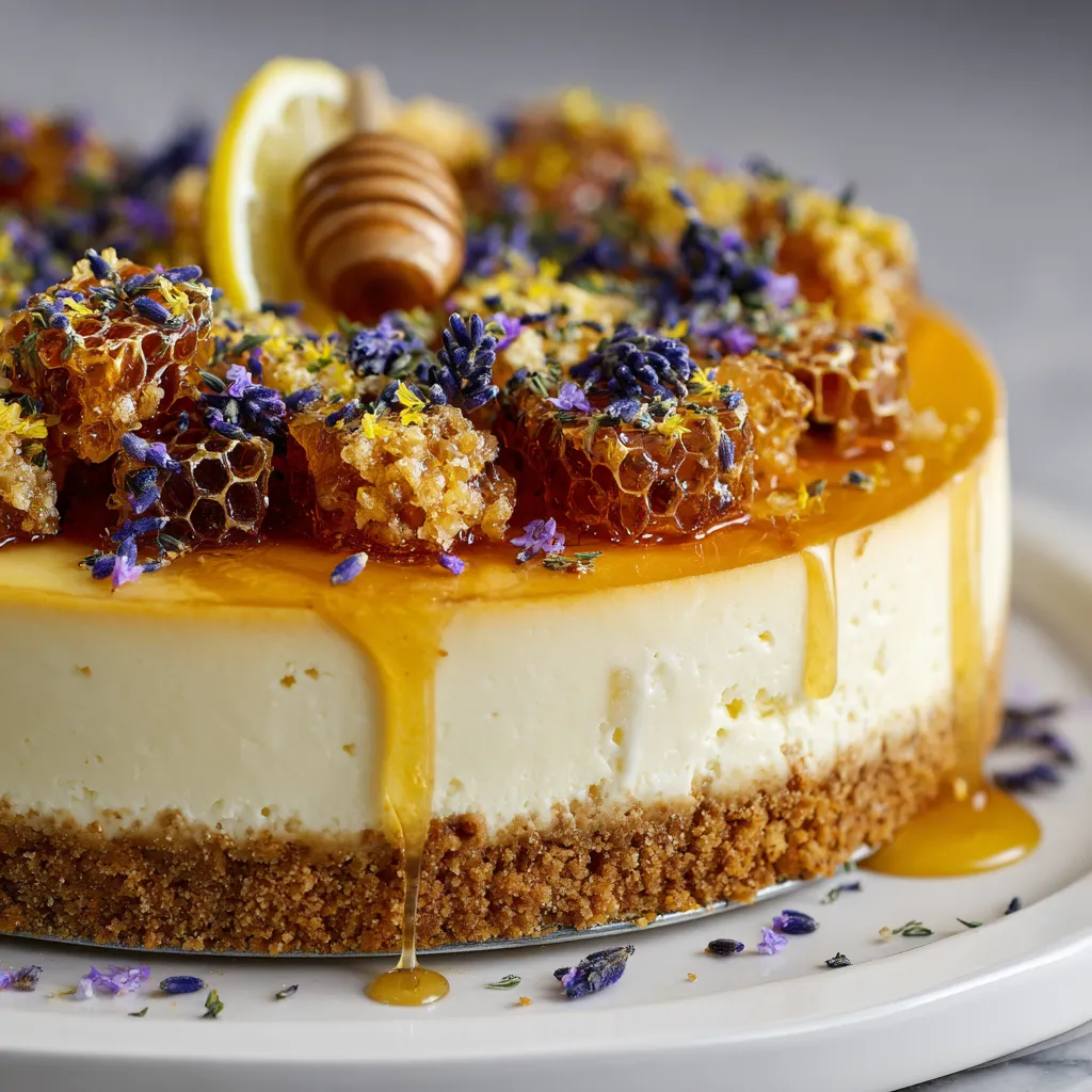 A slice of cake with honey and lemon on top.