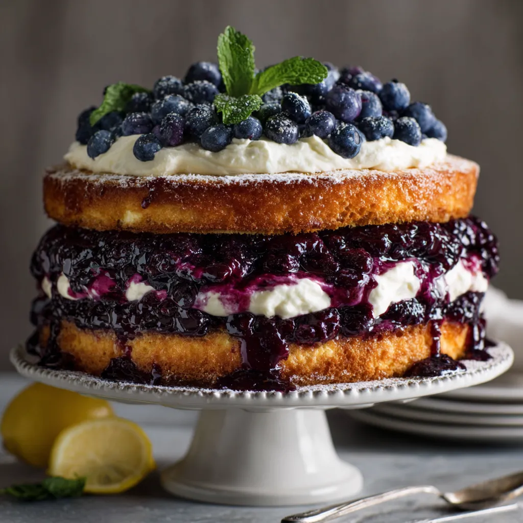 A cake with blueberries and whipped cream on top.