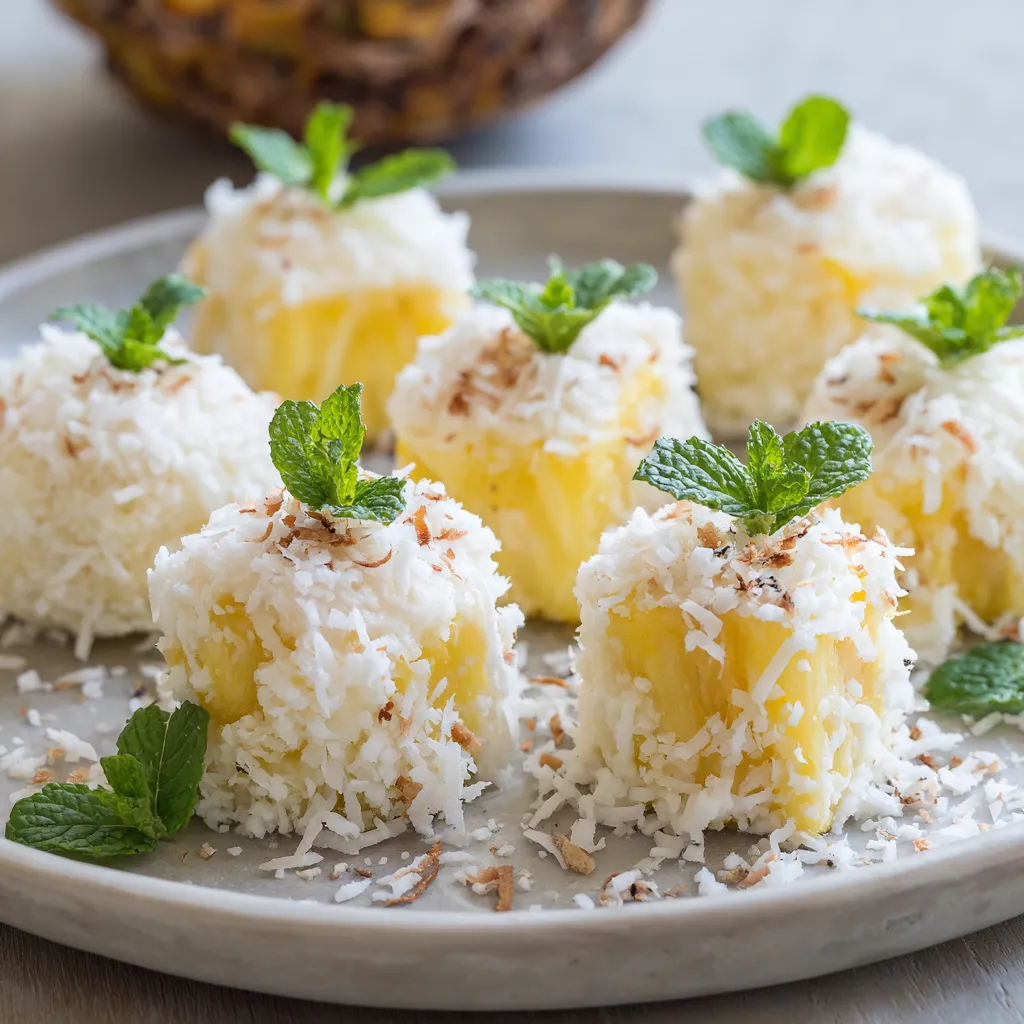 A plate of coconut desserts with green leaves on top.