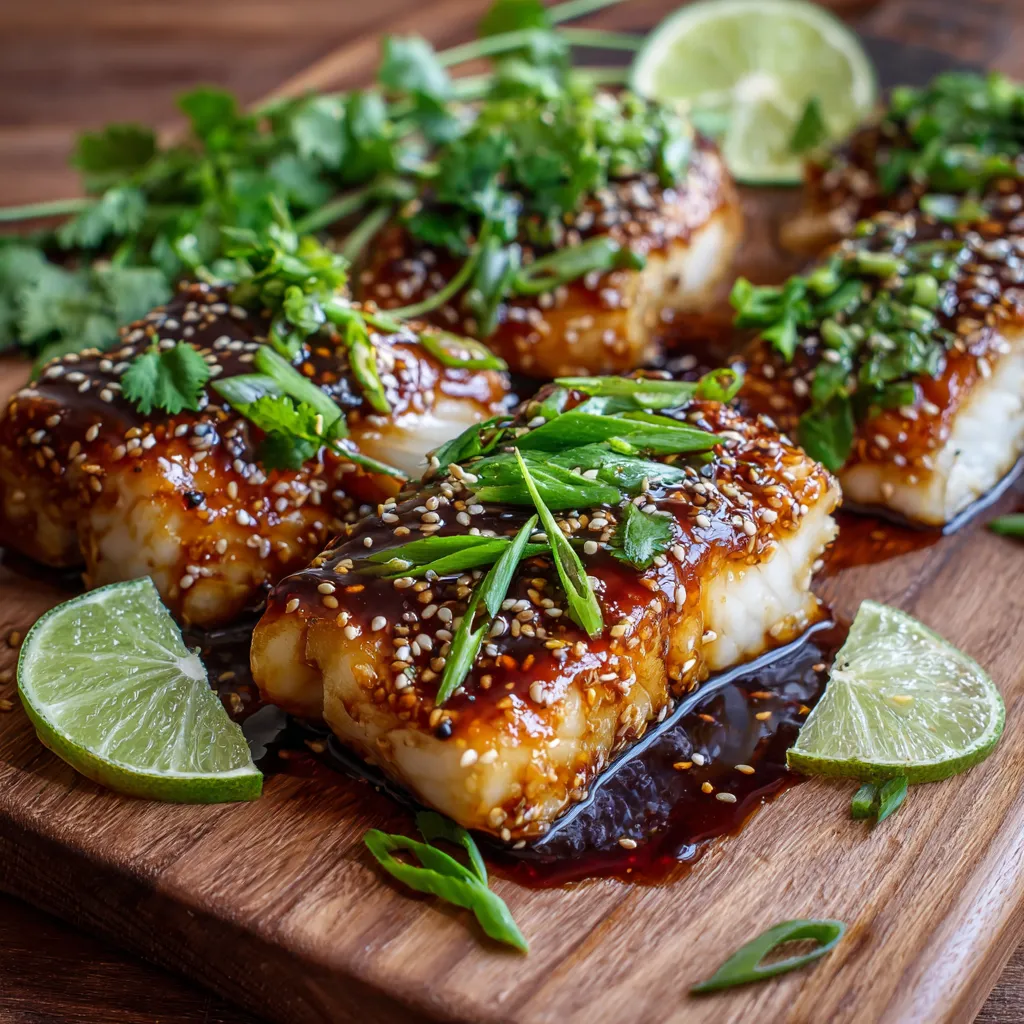 A plate of fish with sauce and garnish.