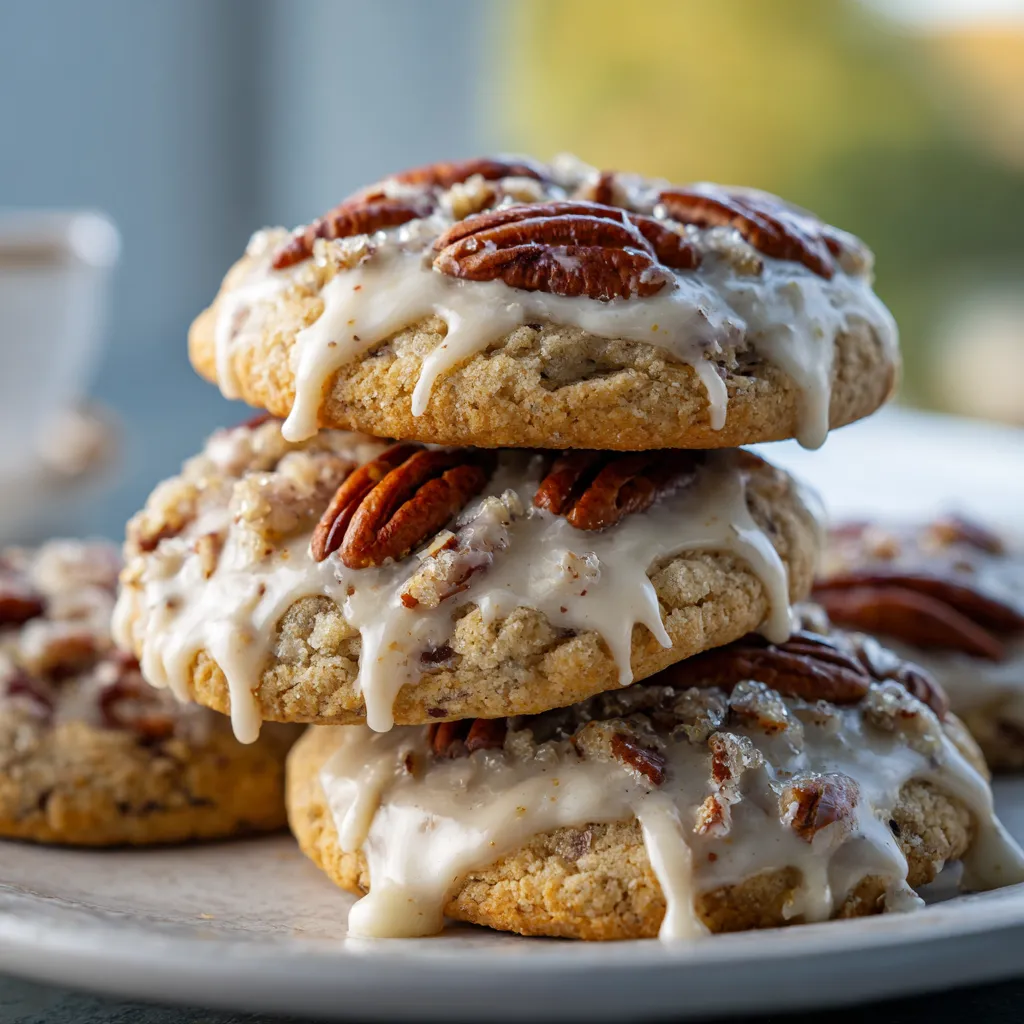 A stack of pecan cookies with white icing.