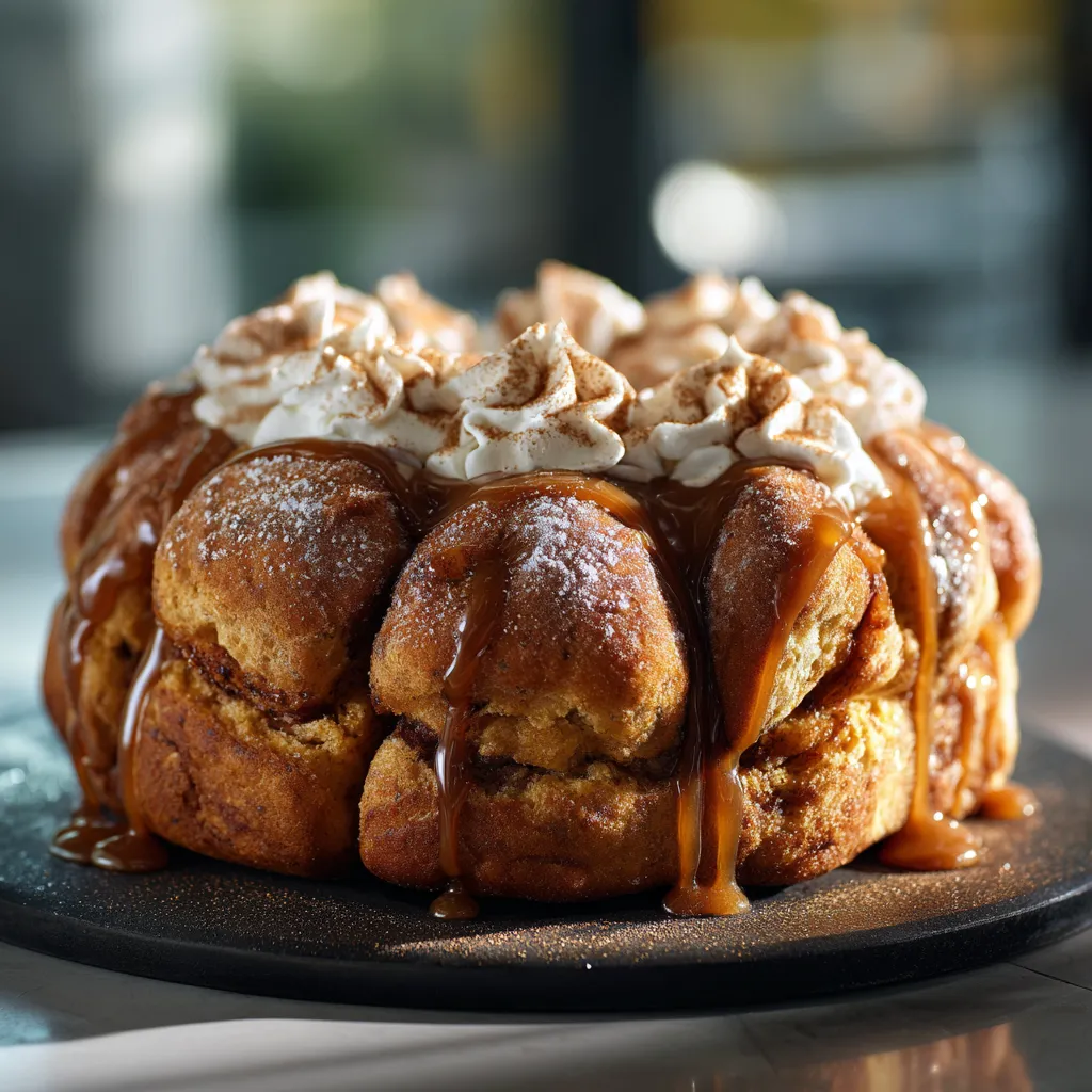A cake with white frosting and caramel drizzle.