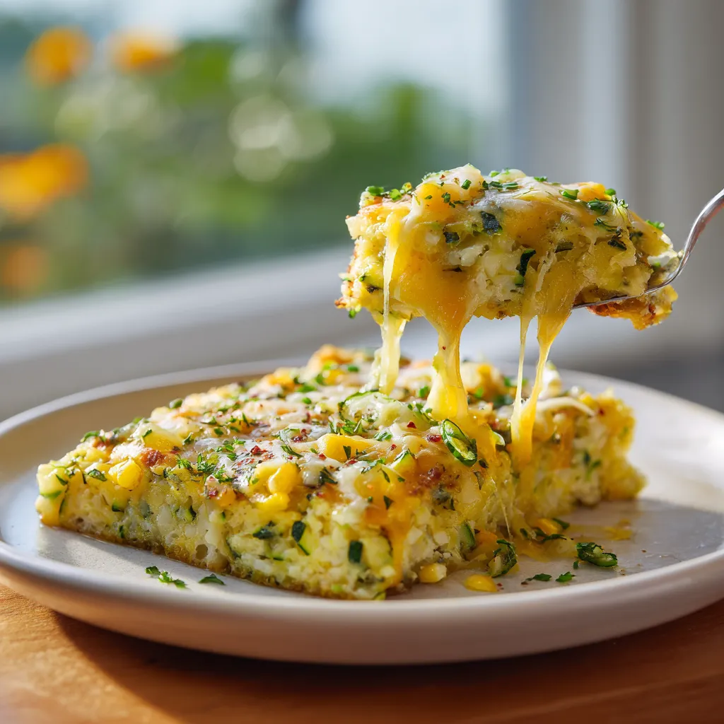 A slice of cheesy casserole on a plate.