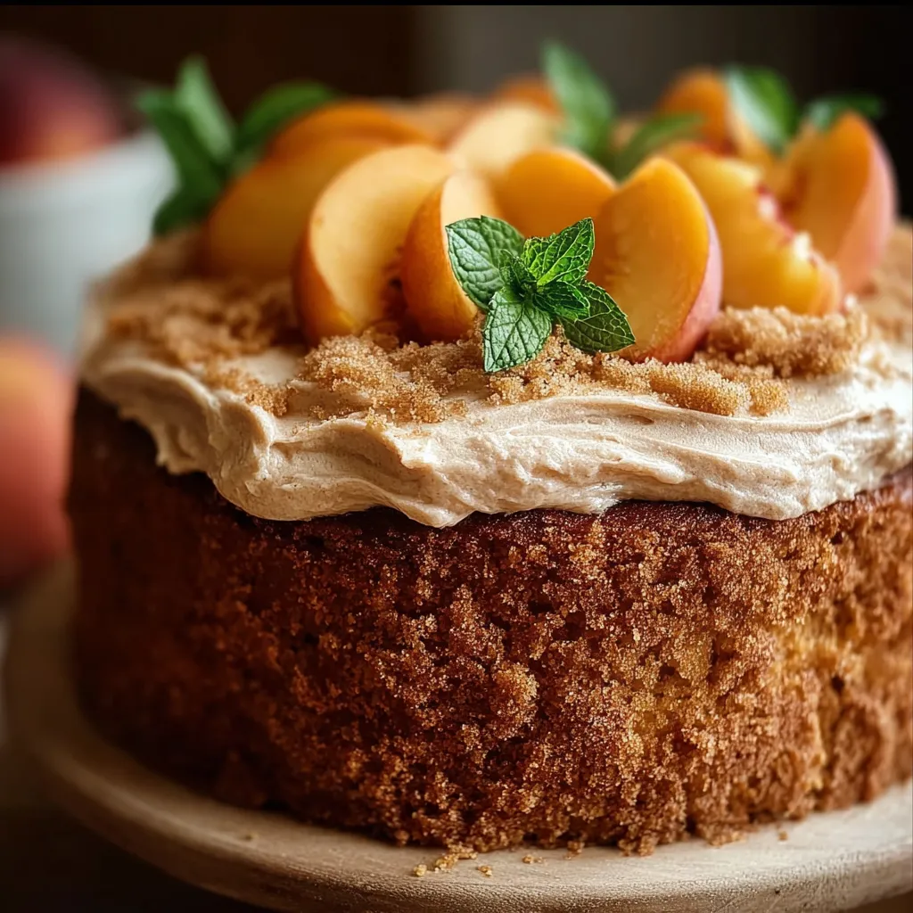 A cake with peaches and mint on top.