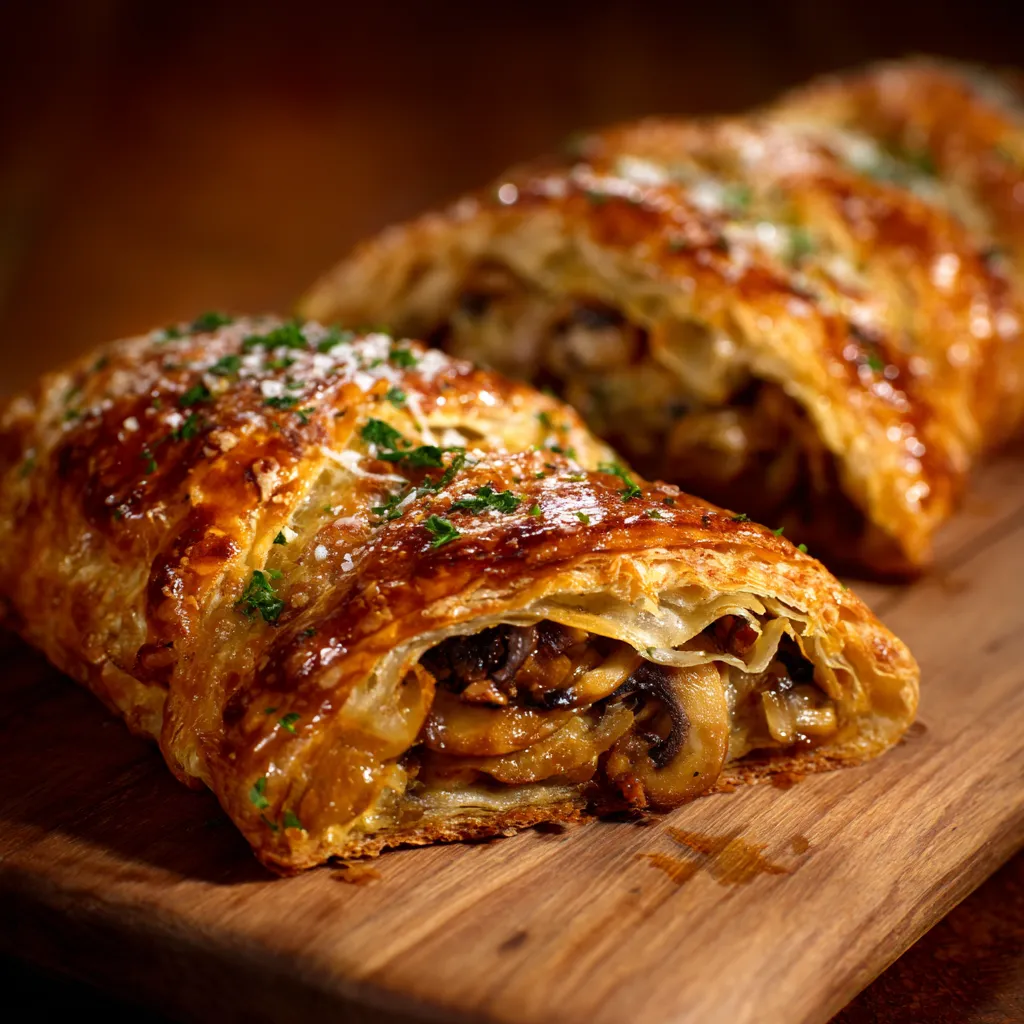 Two pastry rolls on a wooden board.