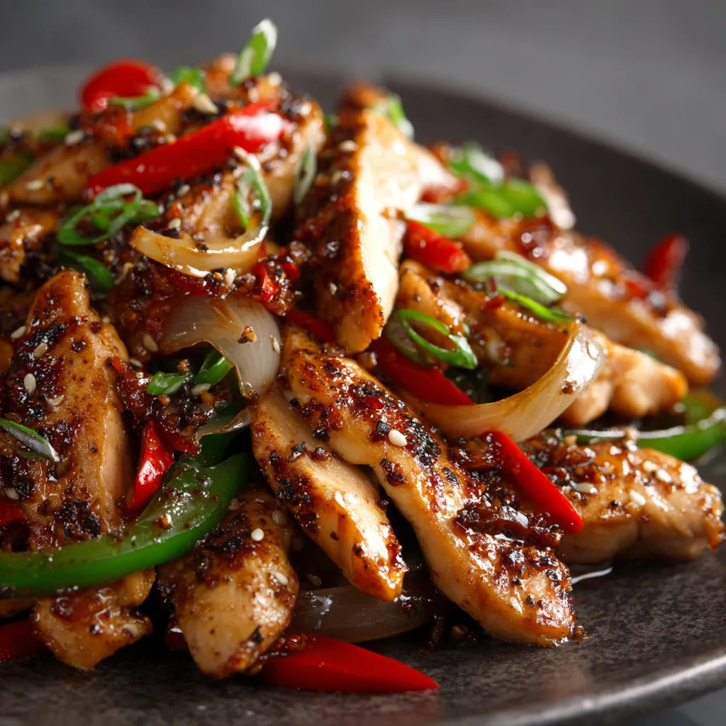 A plate of food with chicken and peppers.