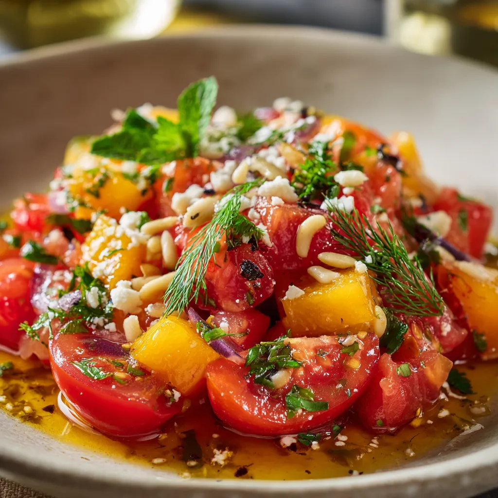 A plate of food with tomatoes and nuts.