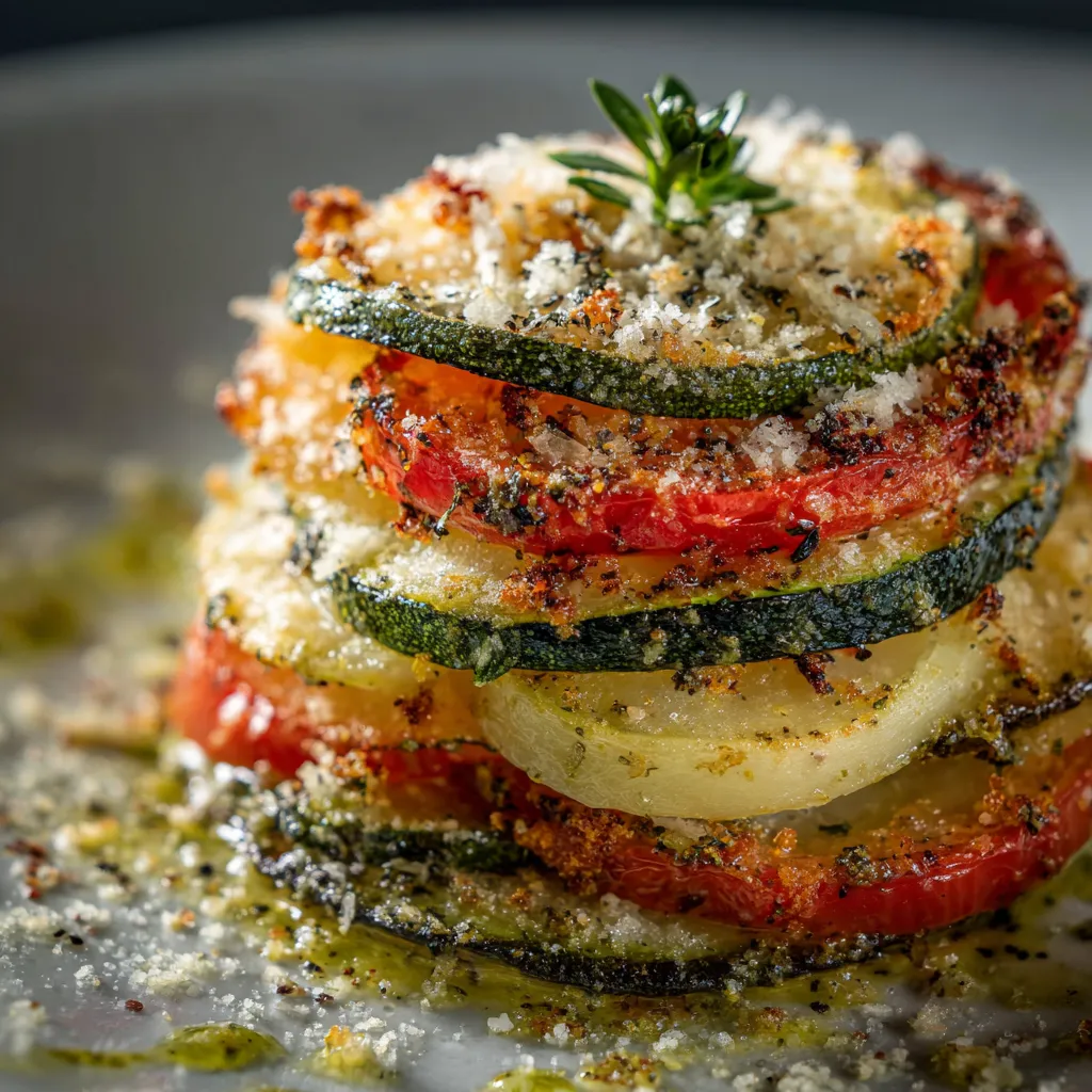 A stack of zucchini with cheese on top.