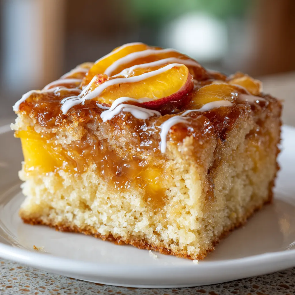 A slice of cake with peaches and whipped cream on top.