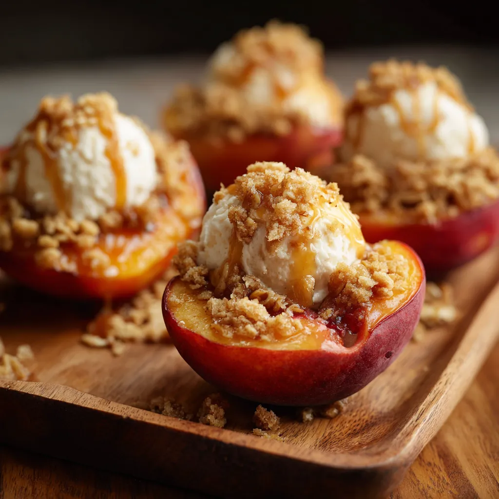 Peaches with ice cream on top.