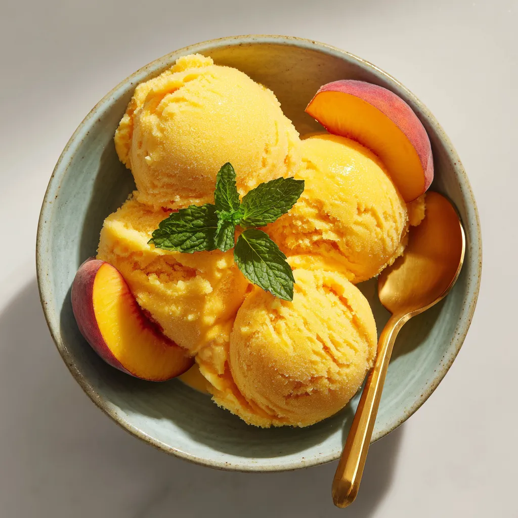 A bowl of peach ice cream with a mint leaf on top.
