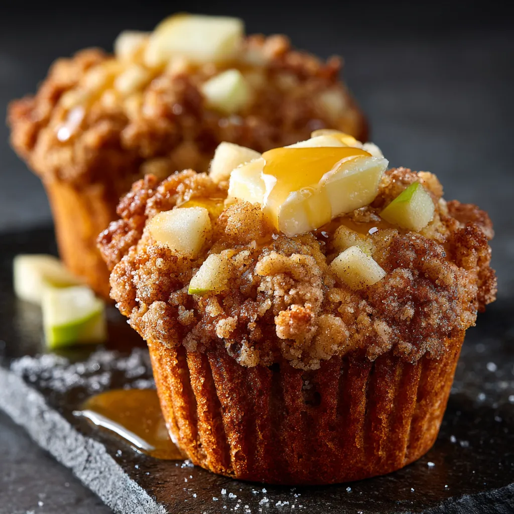 Two muffins with apple toppings.