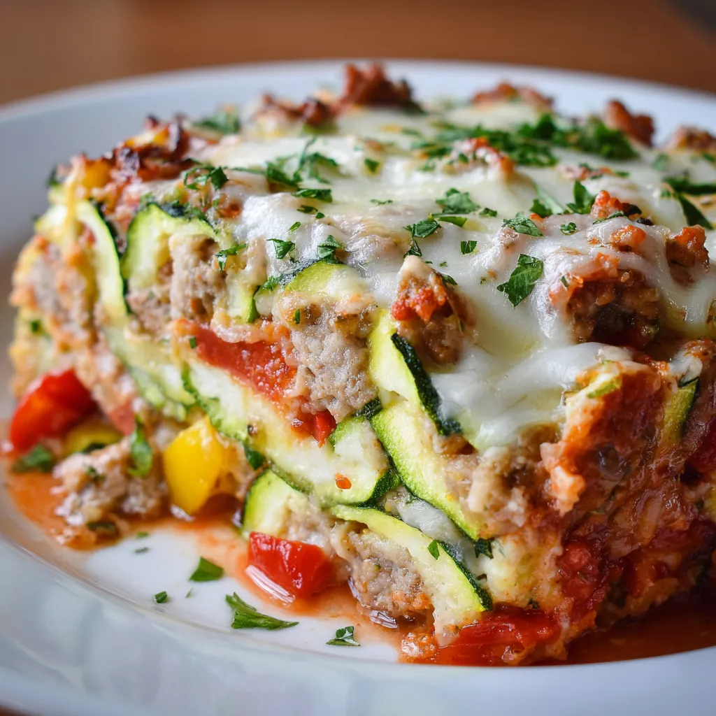 A plate of food with a zucchini casserole.