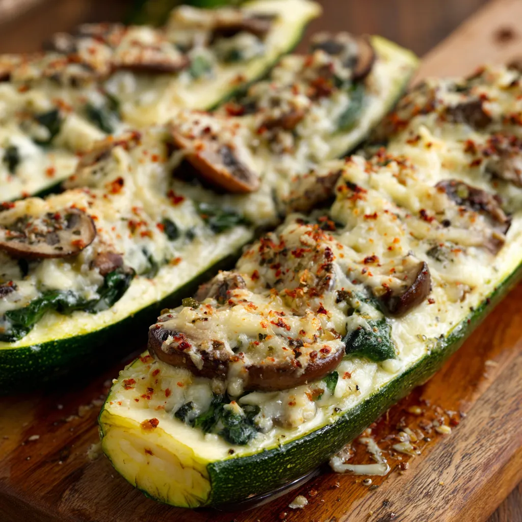 A slice of zucchini with mushrooms on top.
