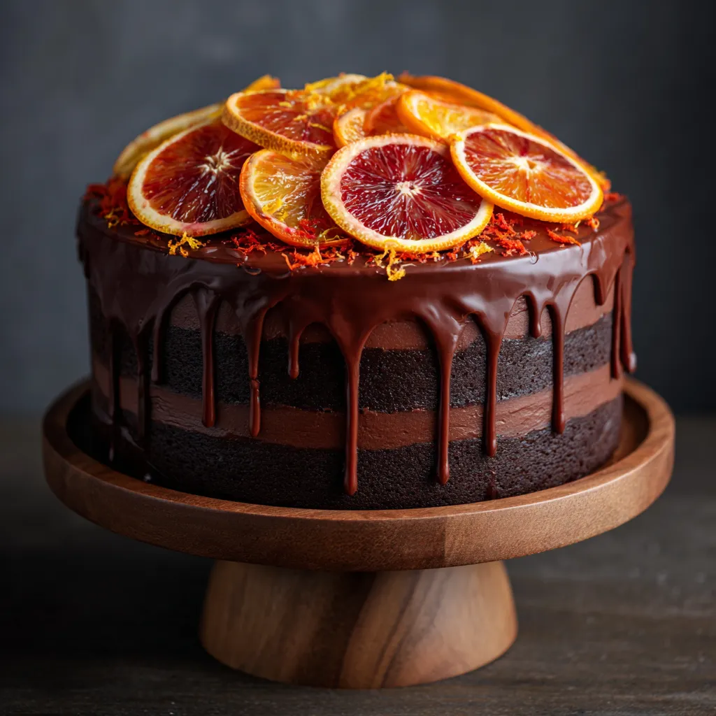 A chocolate cake with orange slices on top.