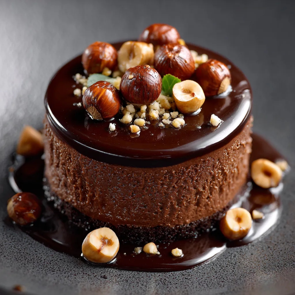 Chocolate cake with nuts and a green leaf.