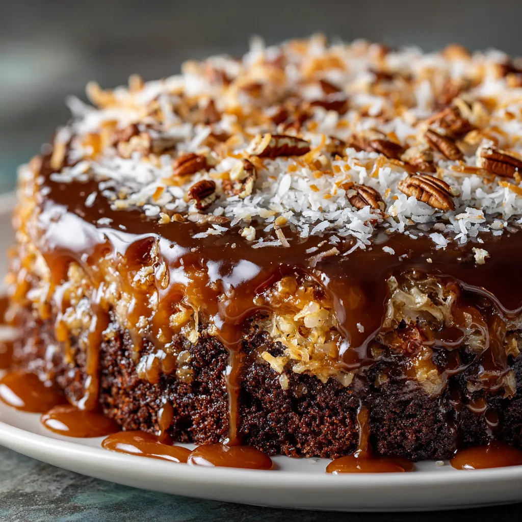 A chocolate cake with caramel drizzle.