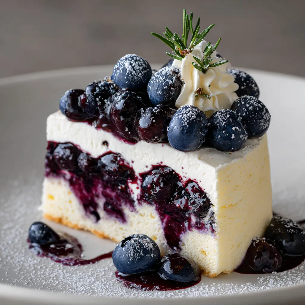 A slice of cake with blueberries on top.