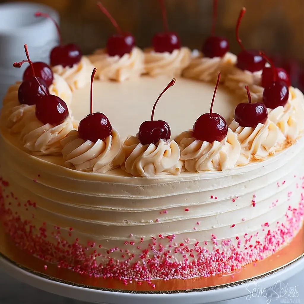 Cherry cake with white frosting.