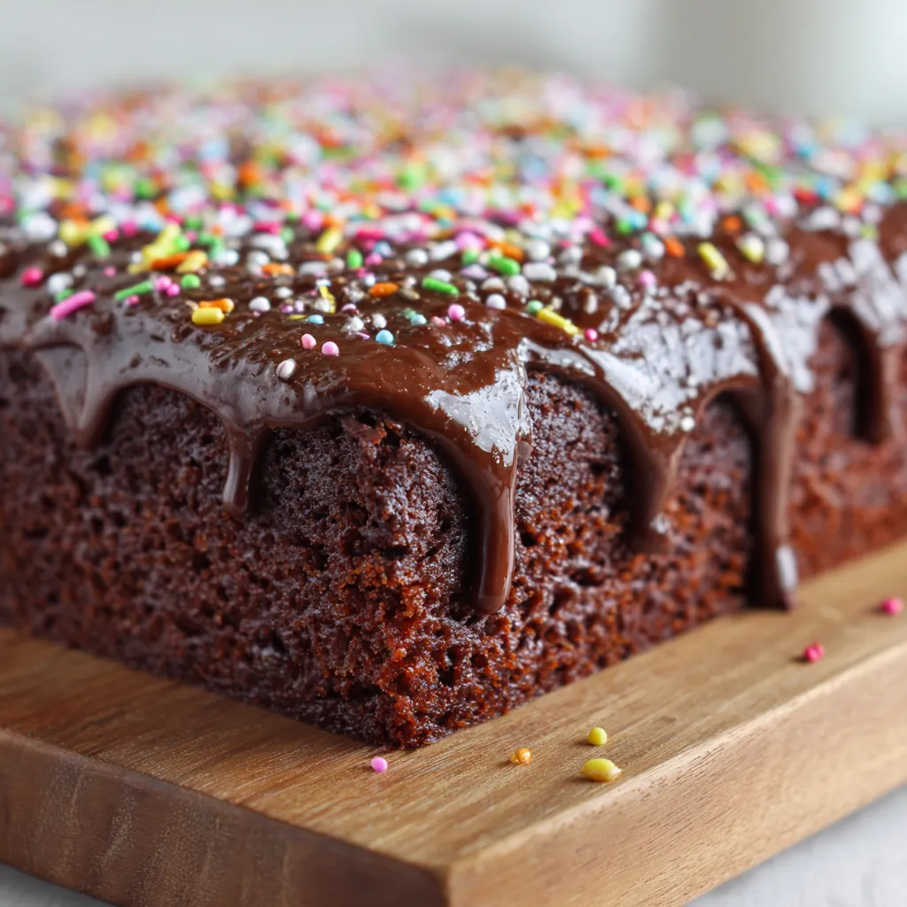 A chocolate cake with sprinkles on a wooden board.