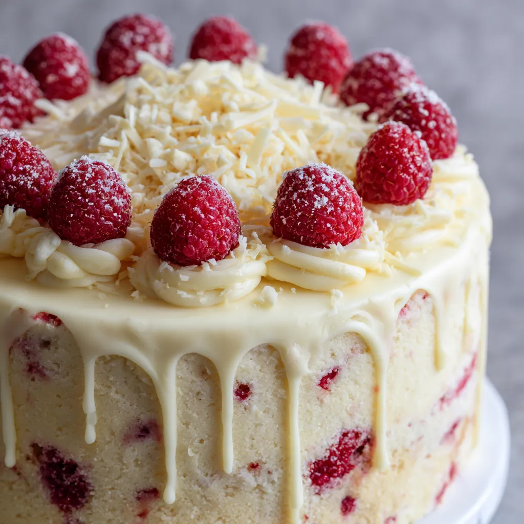 A cake with white frosting and red raspberries.
