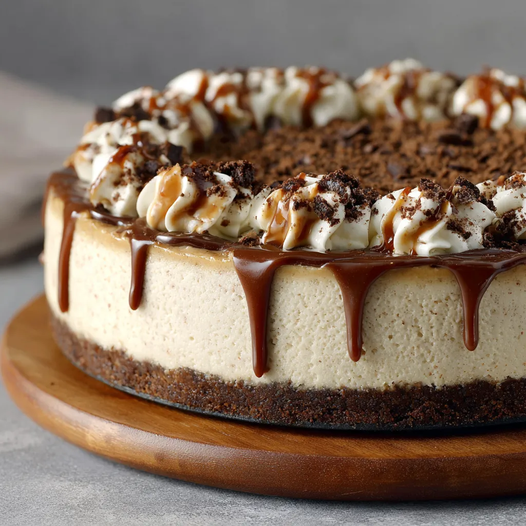 A slice of cheesecake with chocolate drizzle.