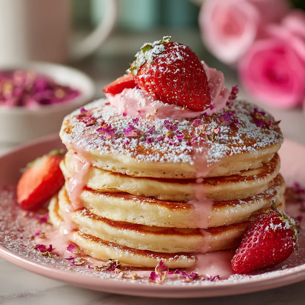 A stack of pancakes with strawberries and whipped cream.