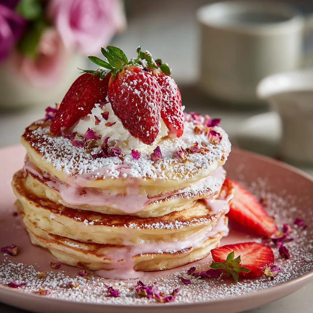 A stack of pancakes with strawberries and whipped cream.