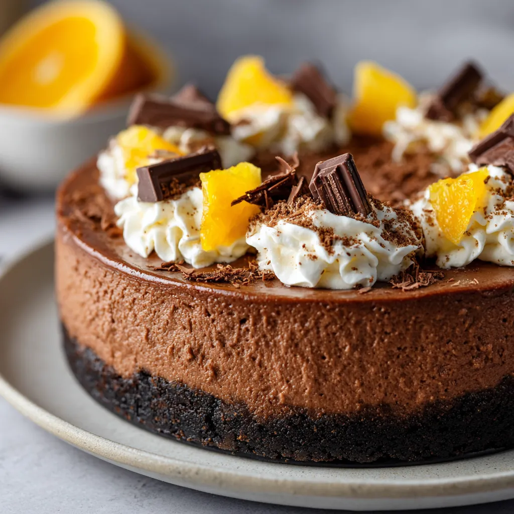 A slice of chocolate cake with white frosting and orange slices on top.