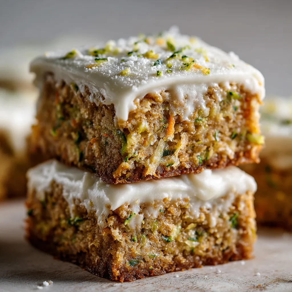 A stack of cake bars with white frosting.