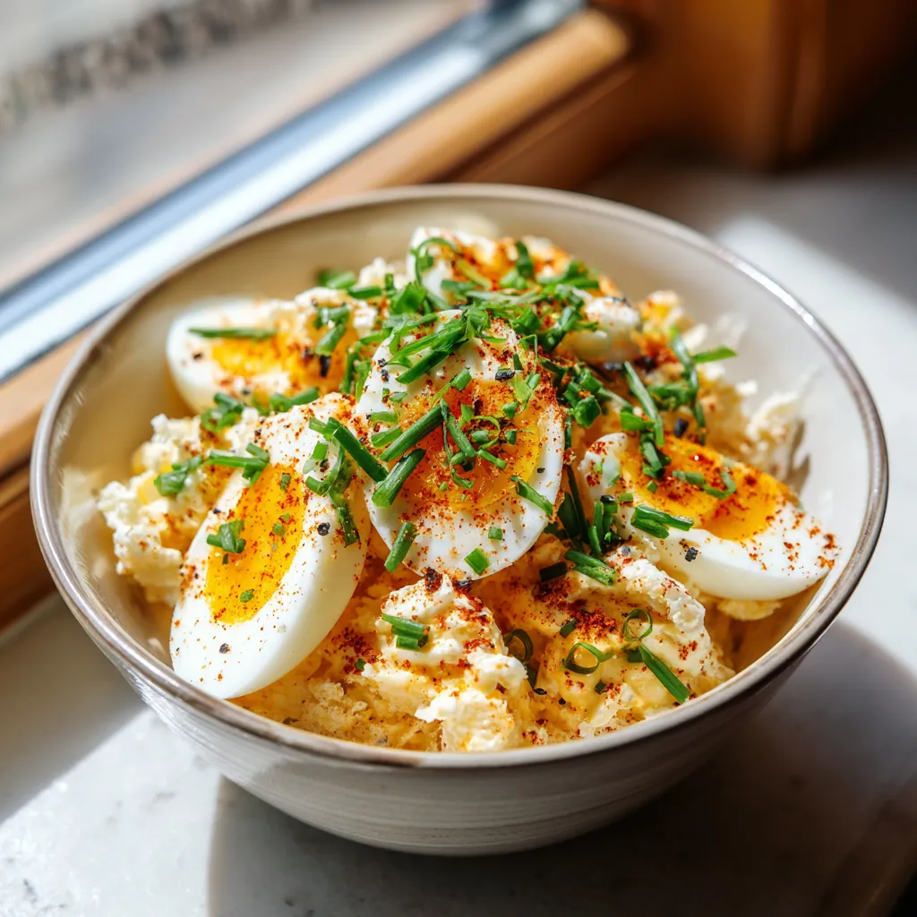 A bowl of eggs and vegetables.