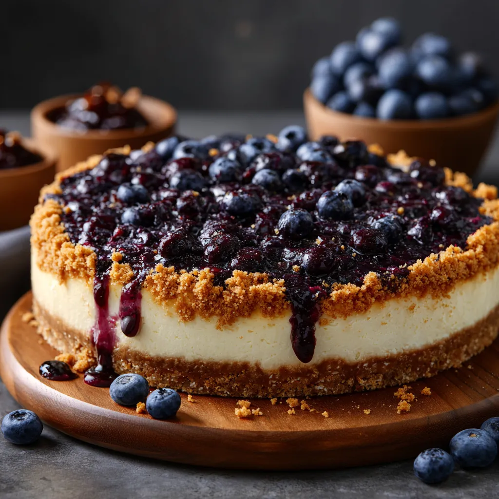 A slice of blueberry cheesecake with blueberries on top.