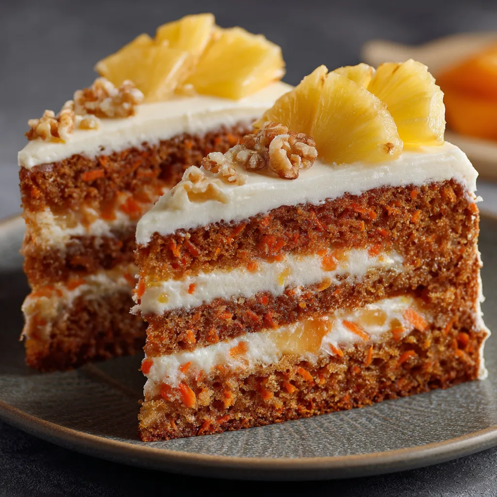 A slice of cake with pineapple on top.
