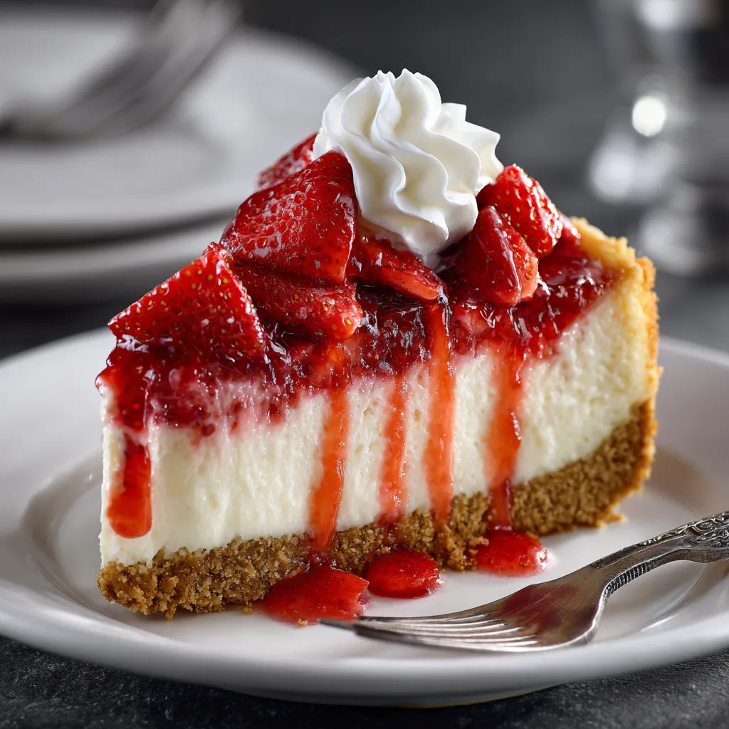 A slice of strawberry cheesecake with a fork.