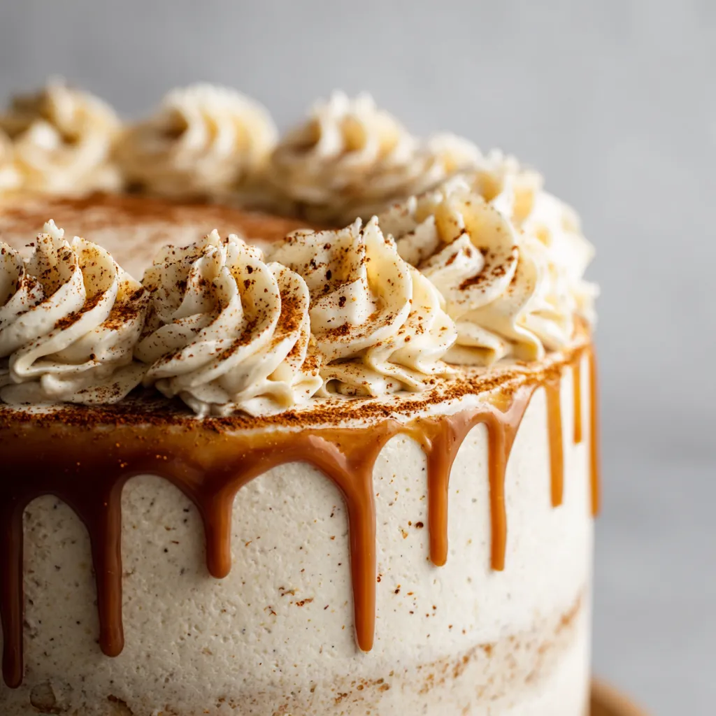 A cake with white frosting and a drizzle of caramel.