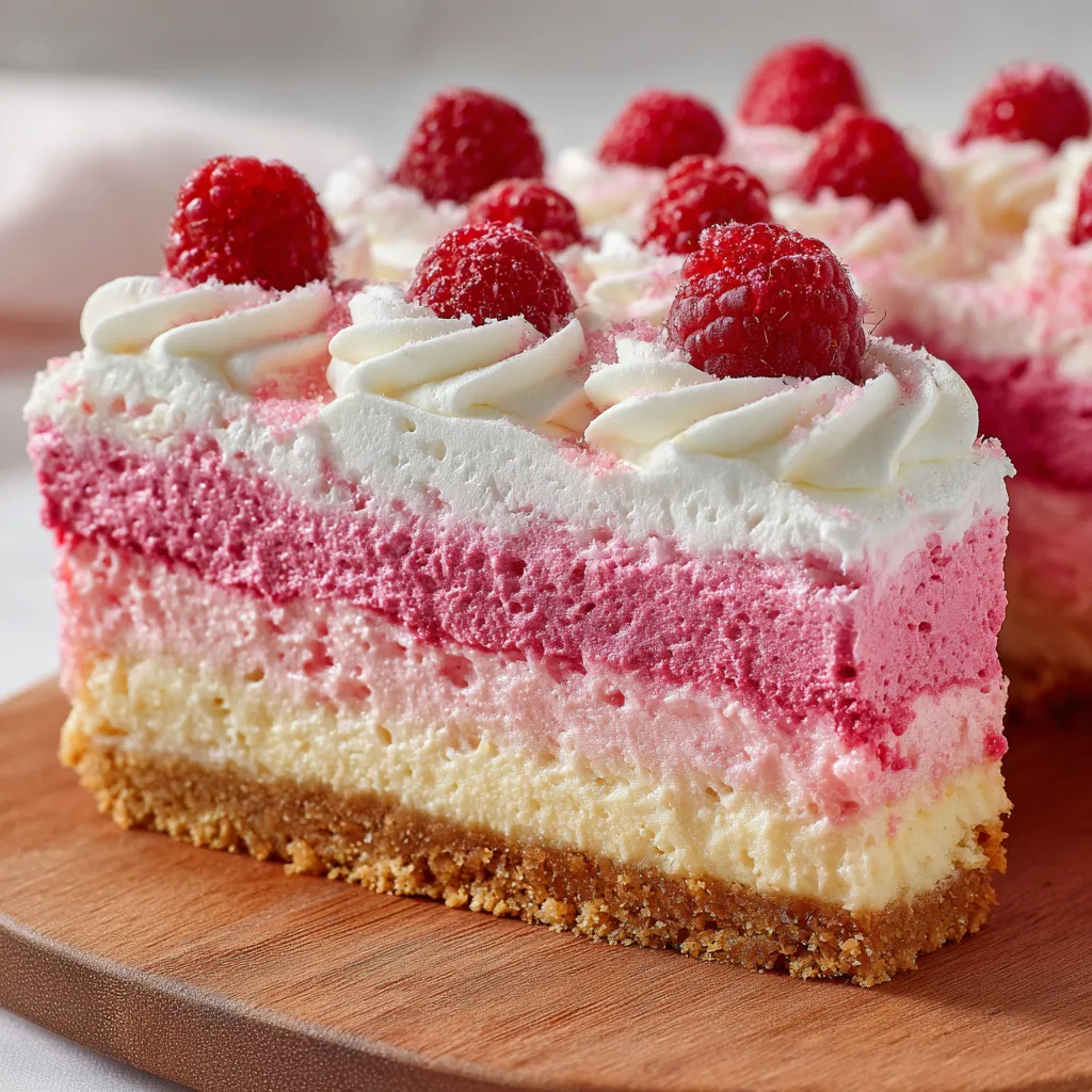 A slice of cake with white frosting and raspberries.