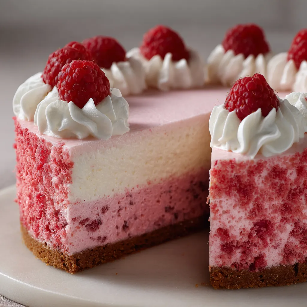 A slice of cake with white frosting and red raspberries.