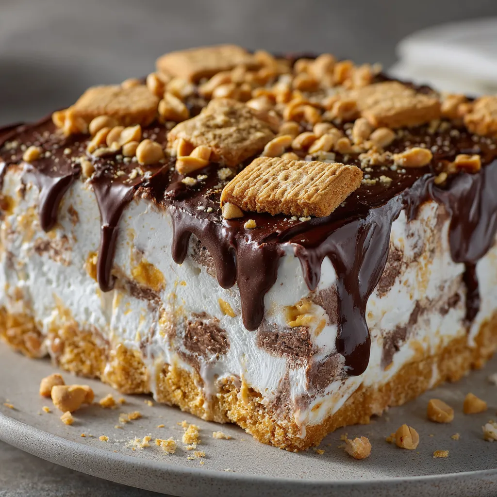 A slice of cake with chocolate and peanut butter toppings.